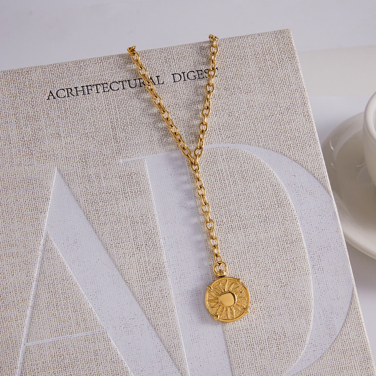 18K Gold Sun Goddess Y Shape Coin Pendant Necklace
