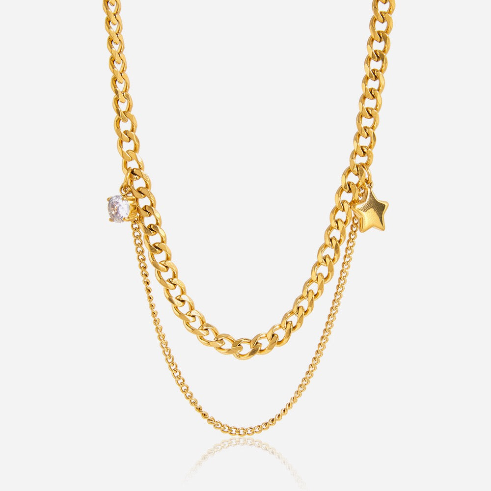 18K Gold Nova Star Cuban Link Chain Layered Necklace