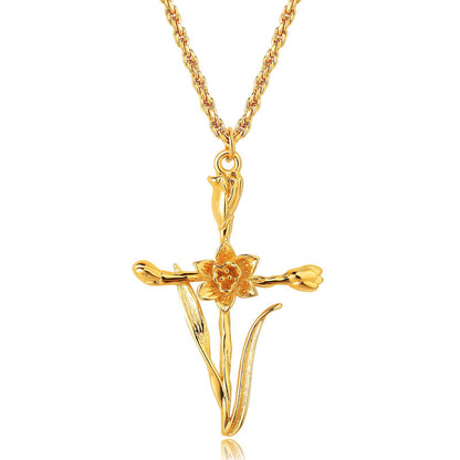 18K Gold Birth Flower Cross Pendant Necklace