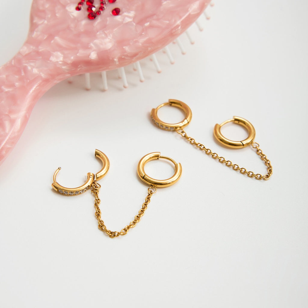 18K Gold Sweet Tangle Small Hoop Huggie Dangle Drop Chain Earrings