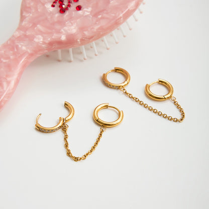18K Gold Sweet Tangle Small Hoop Huggie Dangle Drop Chain Earrings