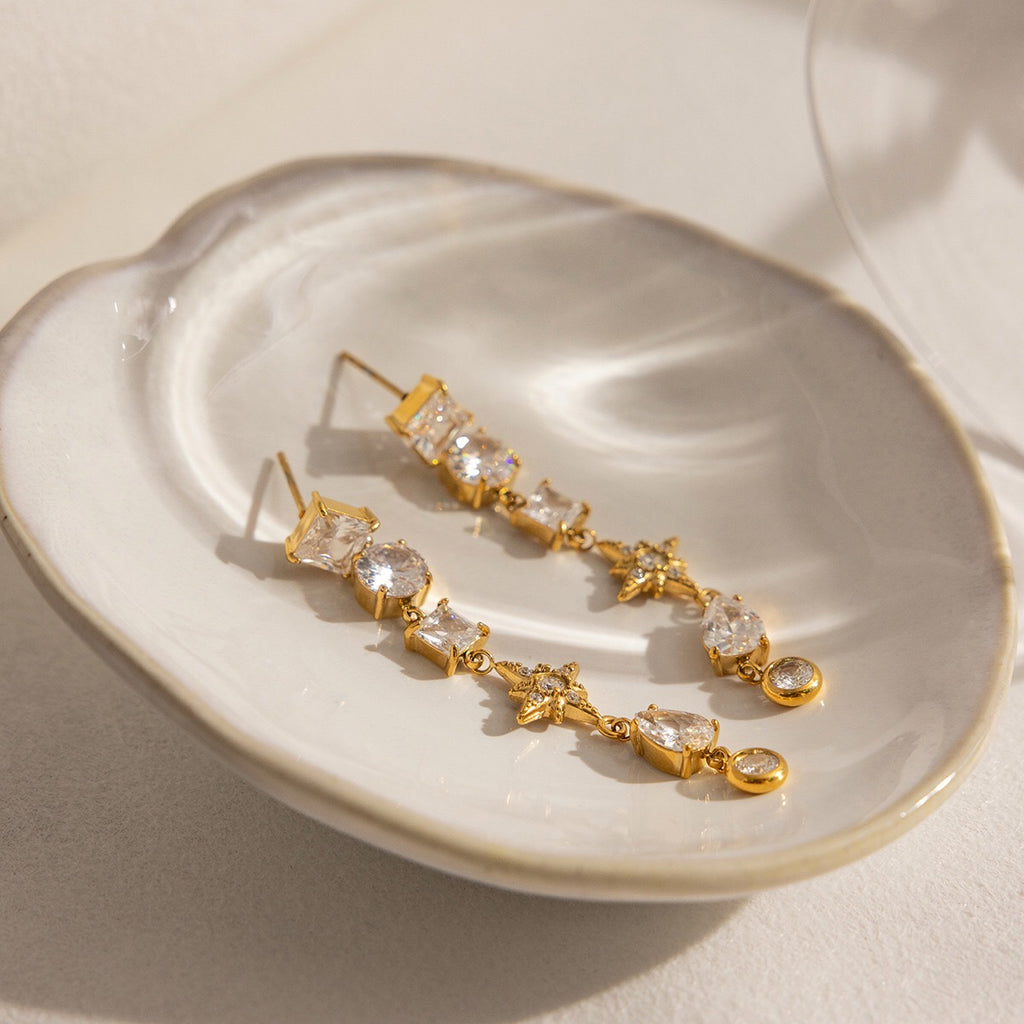 18K Gold Cosmic Cascade Star Statement Drop Earrings