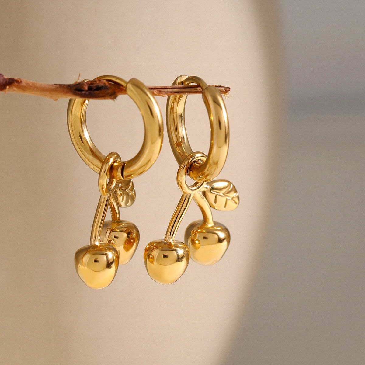 18K Gold Cherry Small Hoop Huggie Earrings