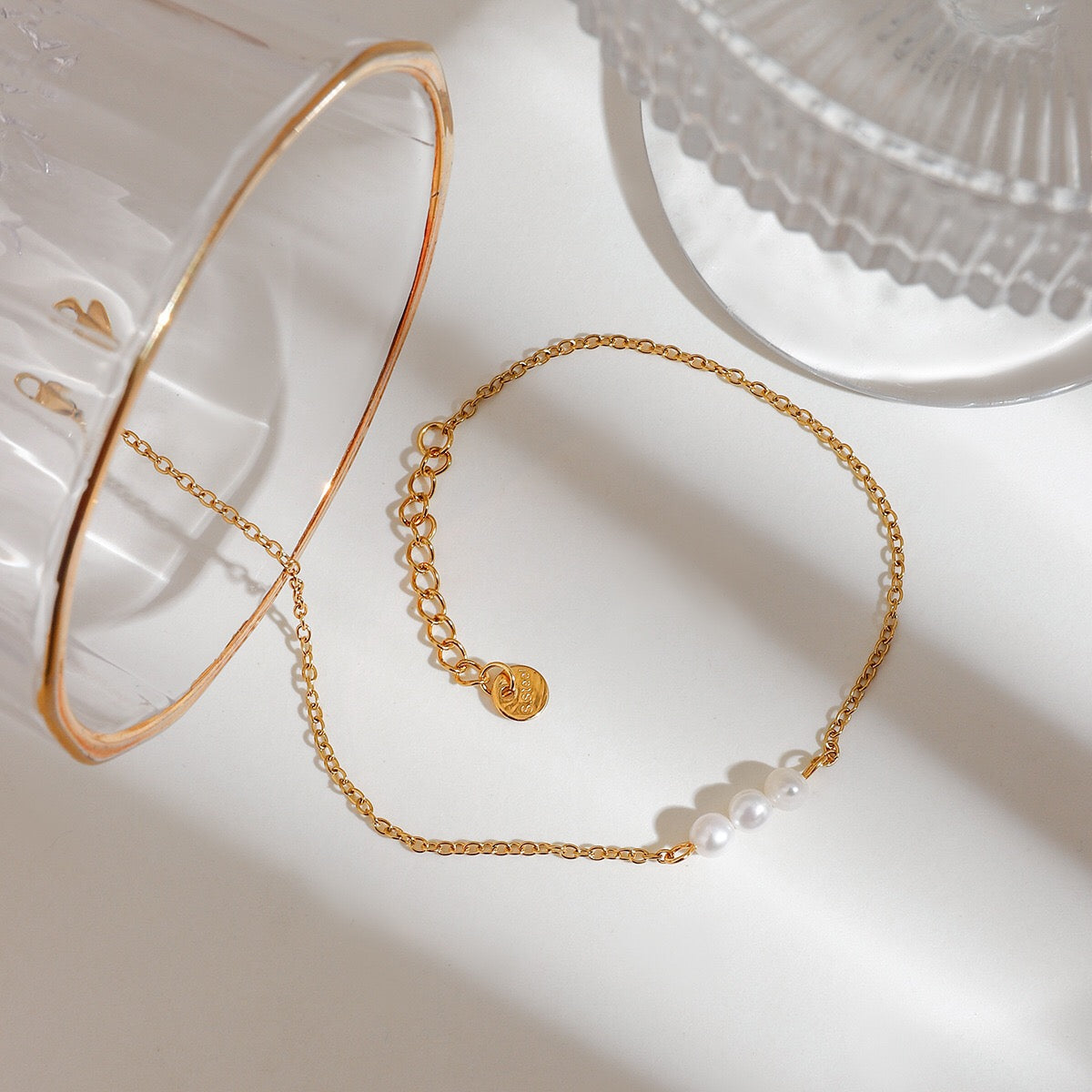 18K Gold Elegant Pearl Chain Dainty Anklet