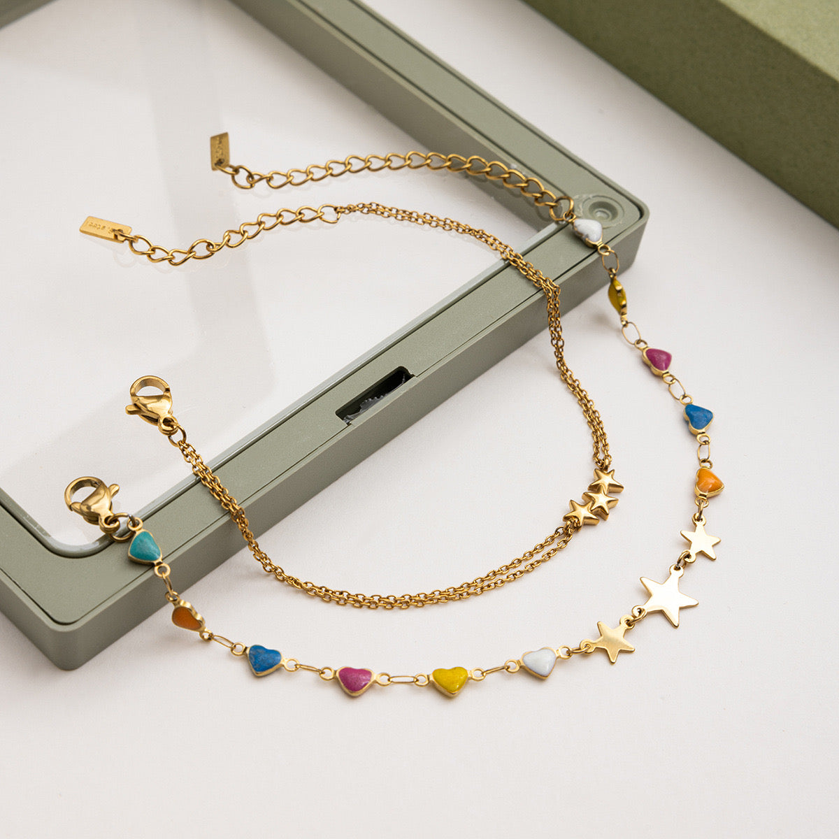 18K Gold Stars Align Dainty Chain Colorful Hearts Bracelet Stack