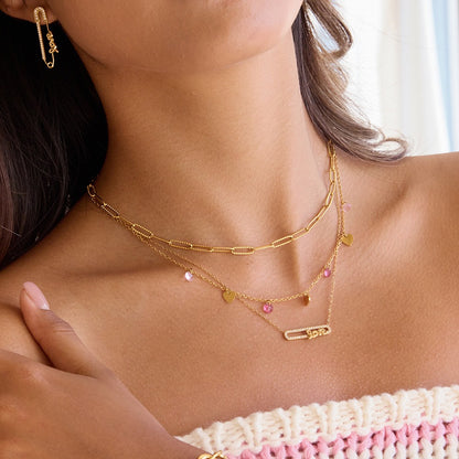 18K Gold Bling Love Letter Pink Jewel Paperclip Chain Layered Necklace Set