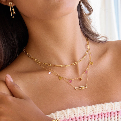 18K Gold Bling Love Letter Pink Jewel Paperclip Chain Layered Necklace Set