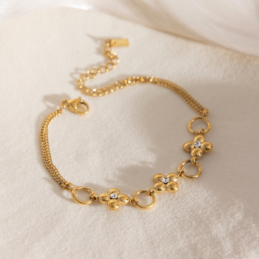 18K Gold Fortune Flower Four Leaf Clover Double Chain Bracelet