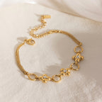 18K Gold Fortune Flower Four Leaf Clover Double Chain Bracelet
