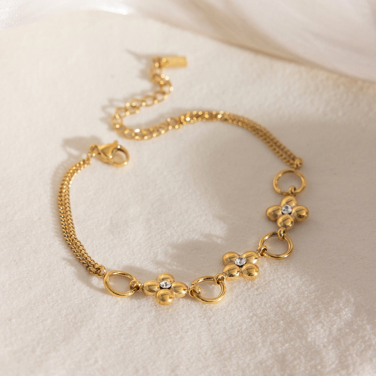 18K Gold Fortune Flower Four Leaf Clover Double Chain Bracelet
