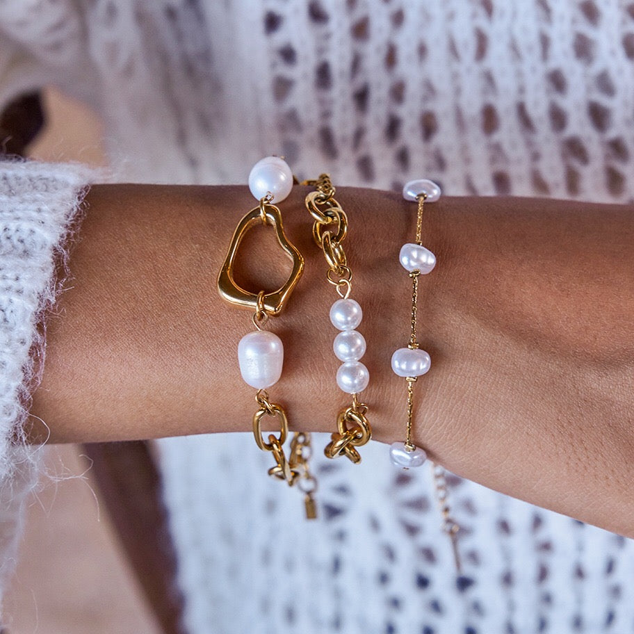 18K Gold Golden Form Pearl Paperclip Chain Bracelet Stack