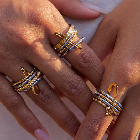 18K Gold Two Tone Safety Pin Connected Multi Layers Stacking Ring