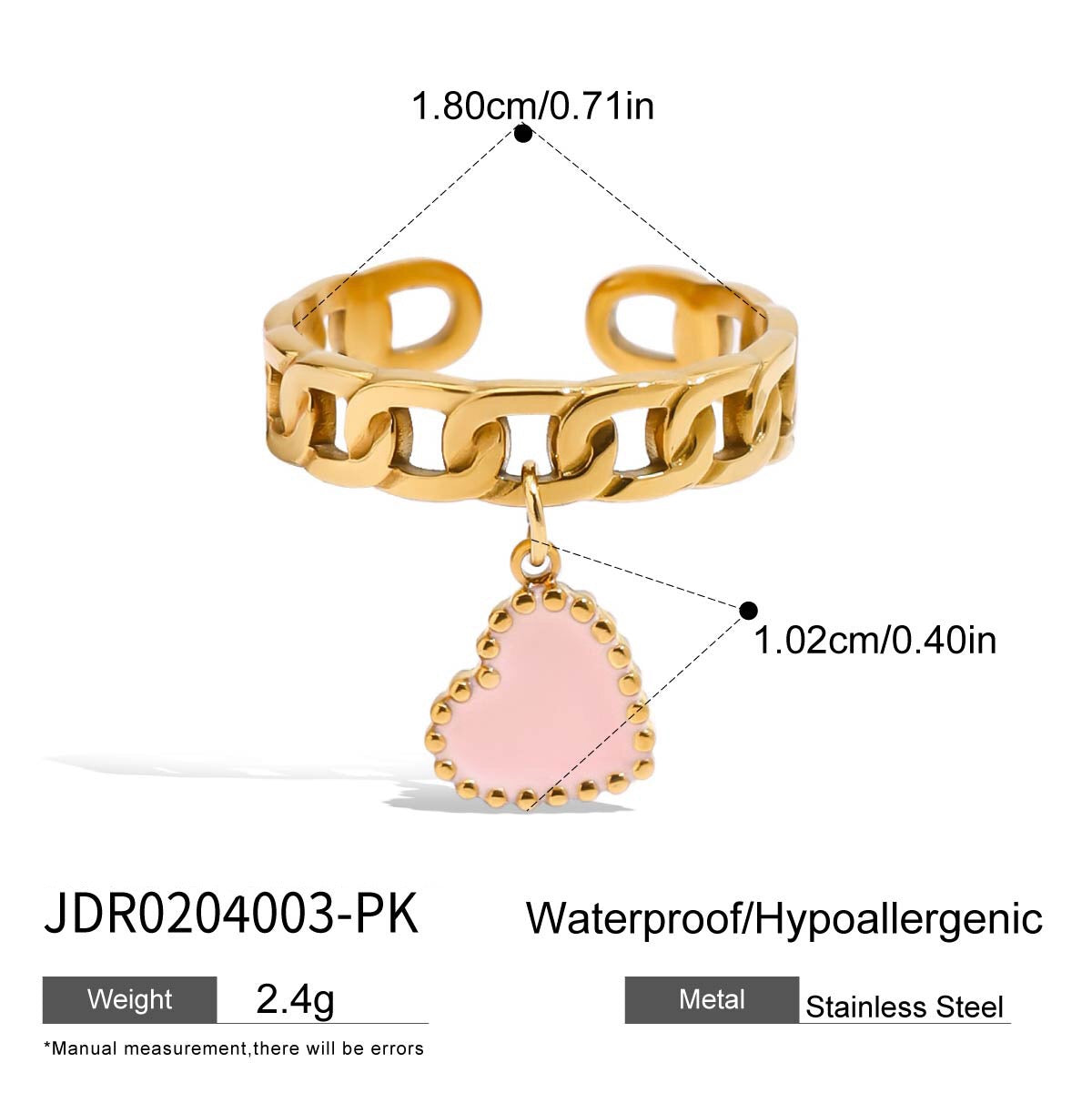 18K Gold Heart Palm Tree Charm Chain Band Ring