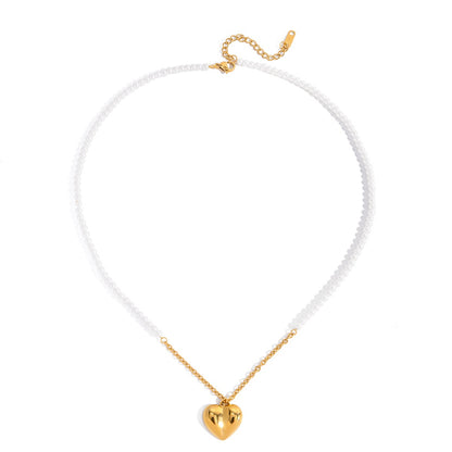 18K Gold Pearl Amour Heart Pendant Beaded Chain Necklace