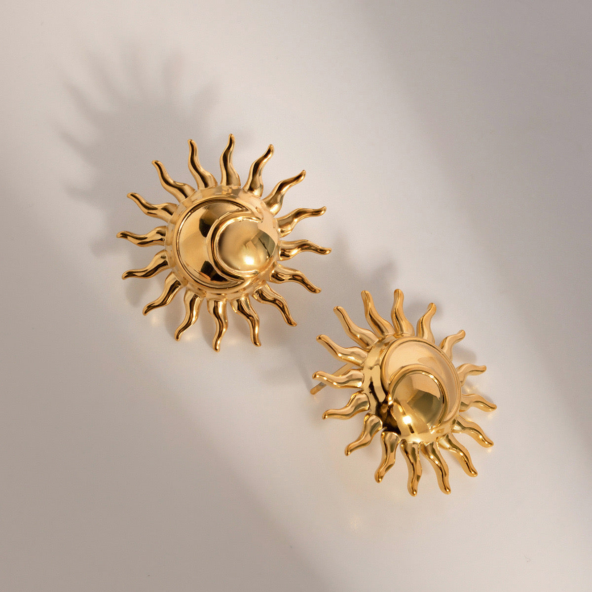 18K Gold Moon and Sun Statement Stud Earrings