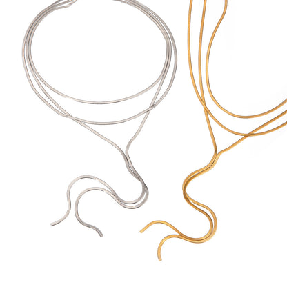18K Gold Herringbone Chain Layered Lariat Necklace