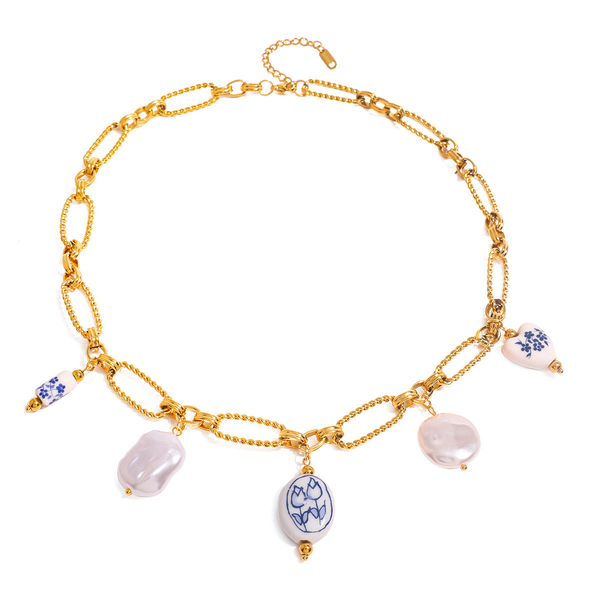 18K Gold Baroque Pearl Paperclip Chain Statement Charm Necklace
