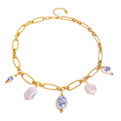 18K Gold Baroque Pearl Paperclip Chain Statement Charm Necklace