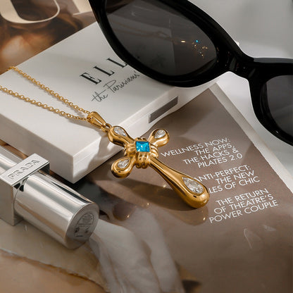 18K Gold Blue Halo Cross Pendant Statement Long Necklace