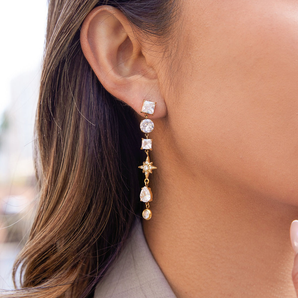 18K Gold Cosmic Cascade Star Statement Drop Earrings