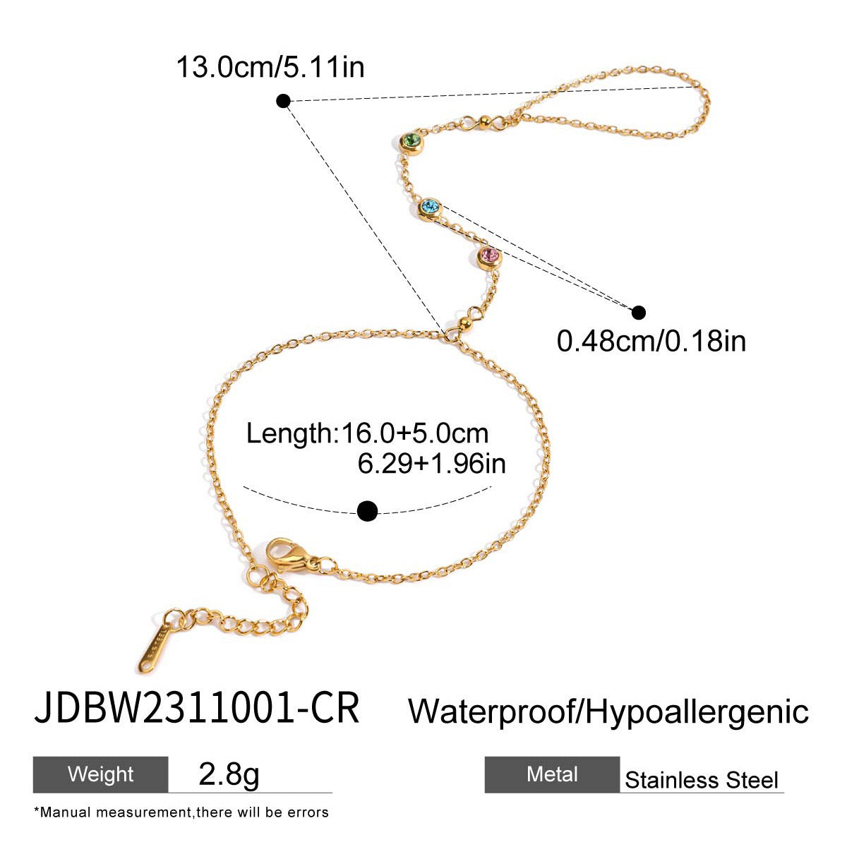 18K Gold Waterproof Color Gem Hand Chain Bracelet