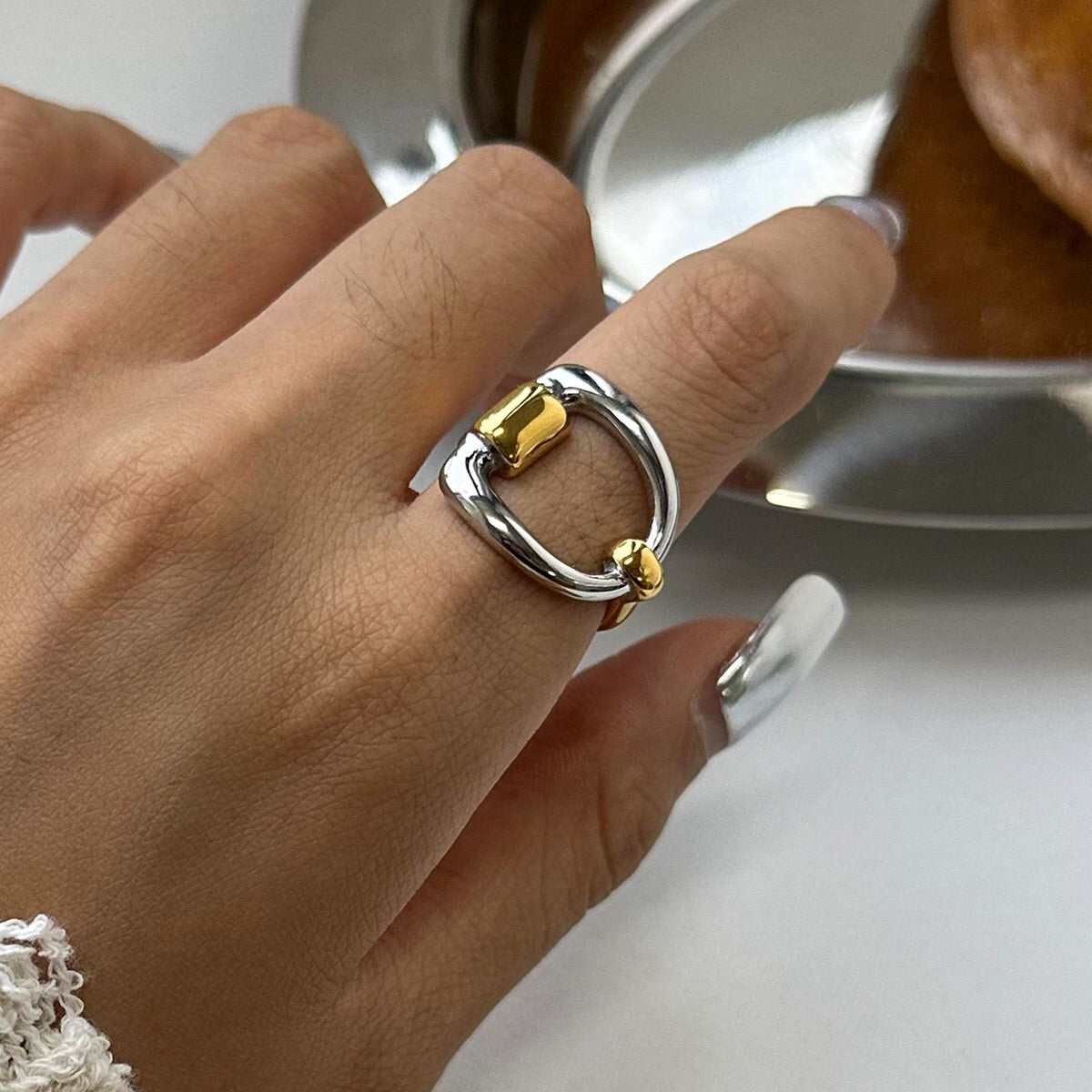 18K Gold and Silver Two Tone Geometric Statement Ring