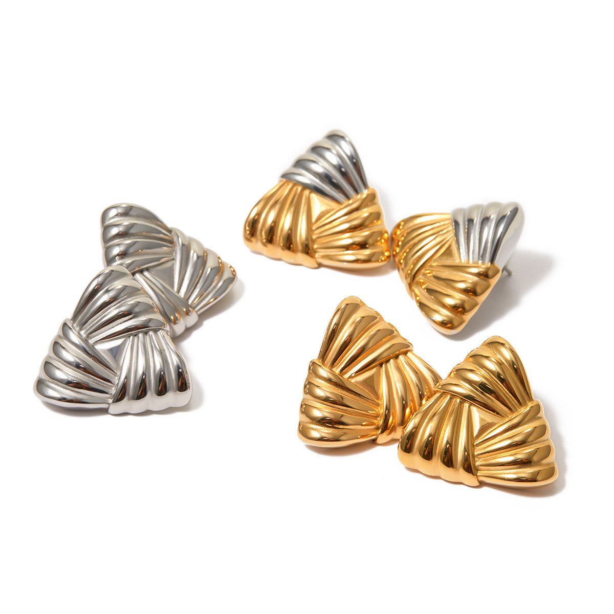 18K Gold Ribbed Triangle Statement Stud Earrings