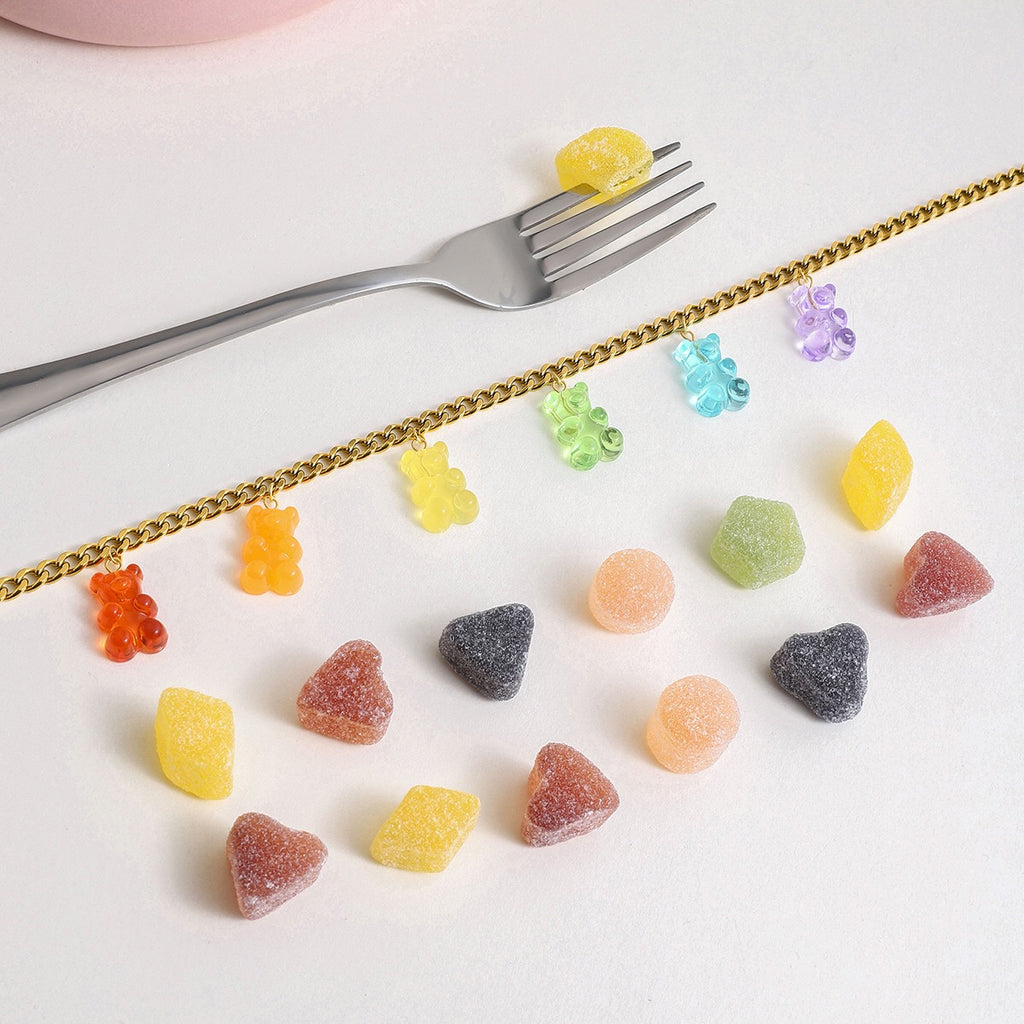 18K Gold Rainbow Color Gummy Bear Cuban Link Statement Charm Necklace