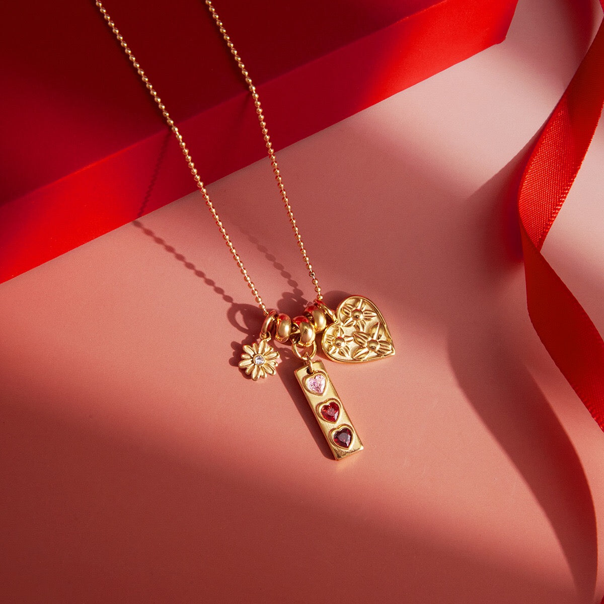 18K Gold Love in Bloom Pink Heart Flower Pendant Charm Necklace