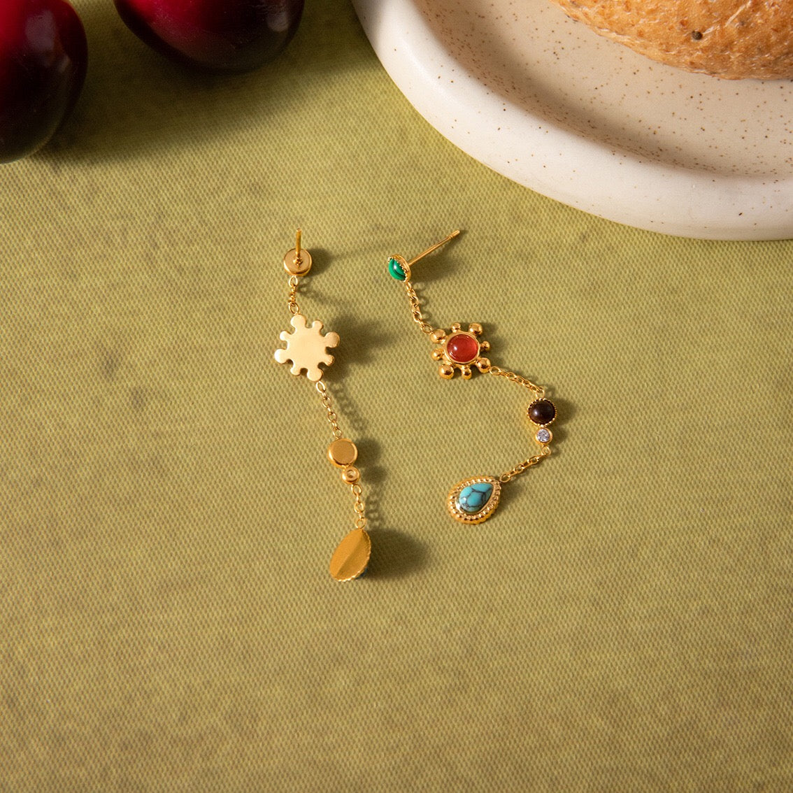 18K Gold Turquoise Gemstone Lure Stud Drop Earrings