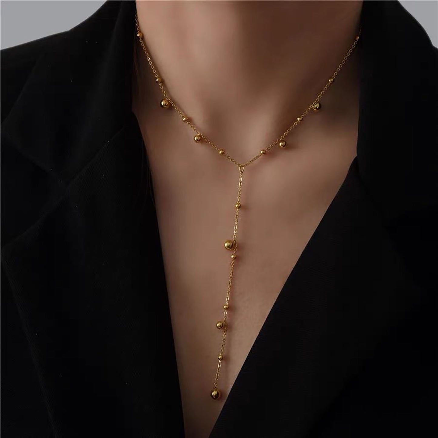 18K Gold Beaded Lariat Necklace