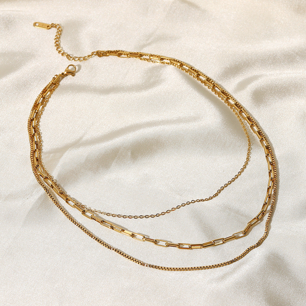 18K Gold Paperclip Box Chain Layered Necklace