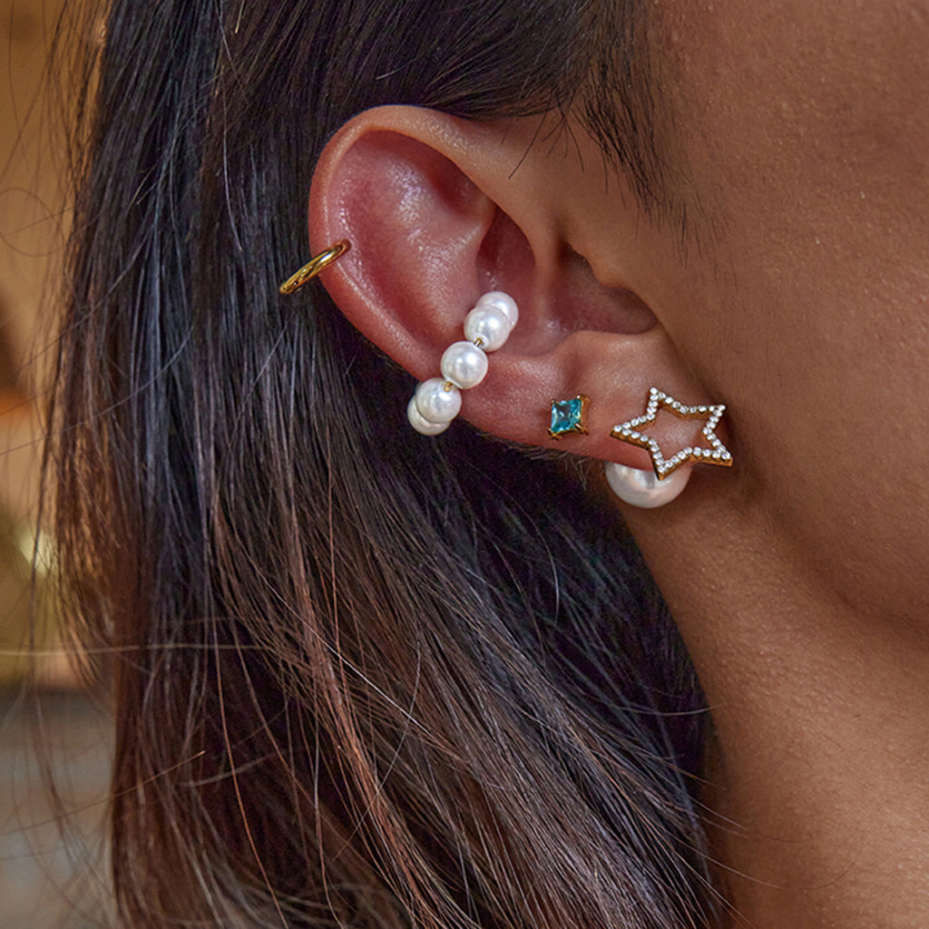 18K Gold Born Star Stud Earrings Pearl Ear Cuffs Set