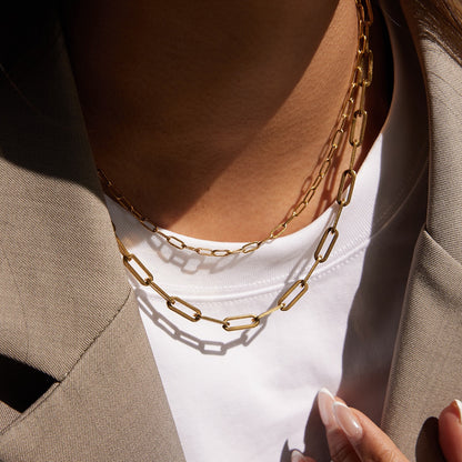 18K Gold Modern Edge Paper Clip Double Chain Layered Necklace Set