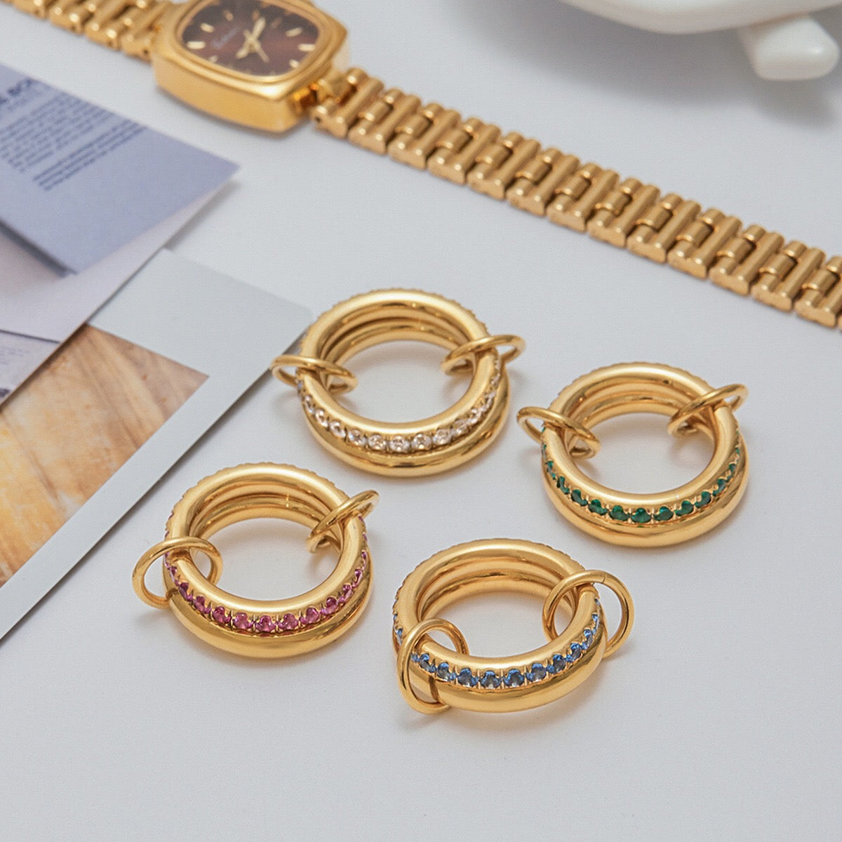 18K Gold Double Link Connected Stacking Pave Ring