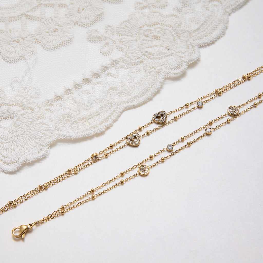 18K Gold Moonkiss Double Chain Heart Dainty Bracelet Stacks
