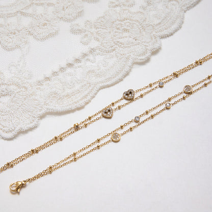 18K Gold Moonkiss Double Chain Heart Dainty Bracelet Stacks