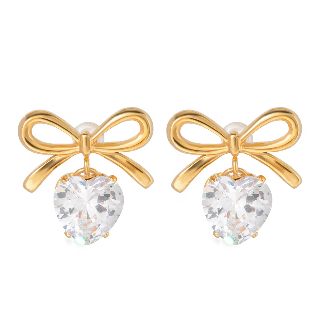 18K Gold Bling Heart Bow Dangle Earrings