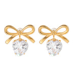 18K Gold Bling Heart Bow Dangle Earrings