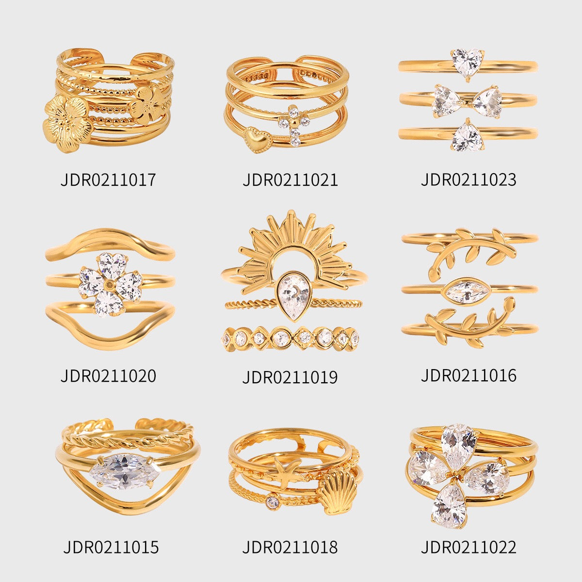 18K Gold Goddess Glow Four Leaf Clover Stacking Rings Set