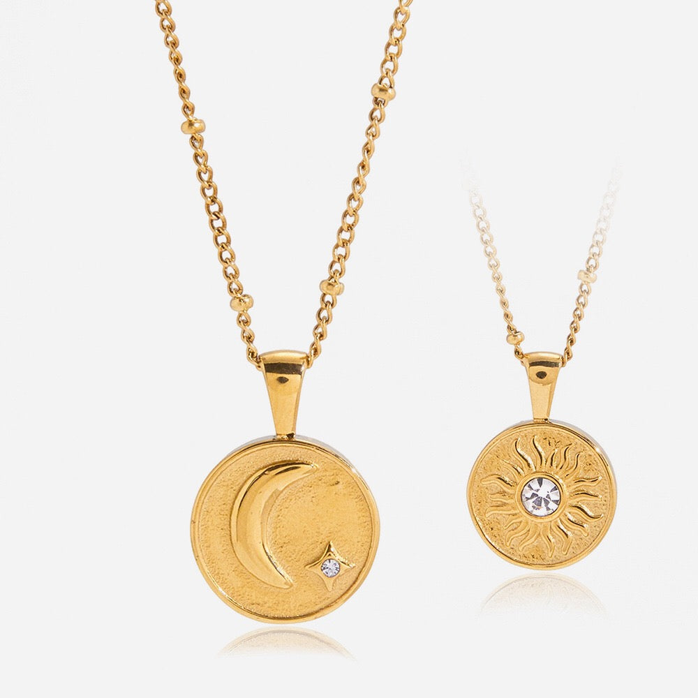 18K Gold Cosmic Desire Sun and Moon Double Side Coin Pendant Necklace