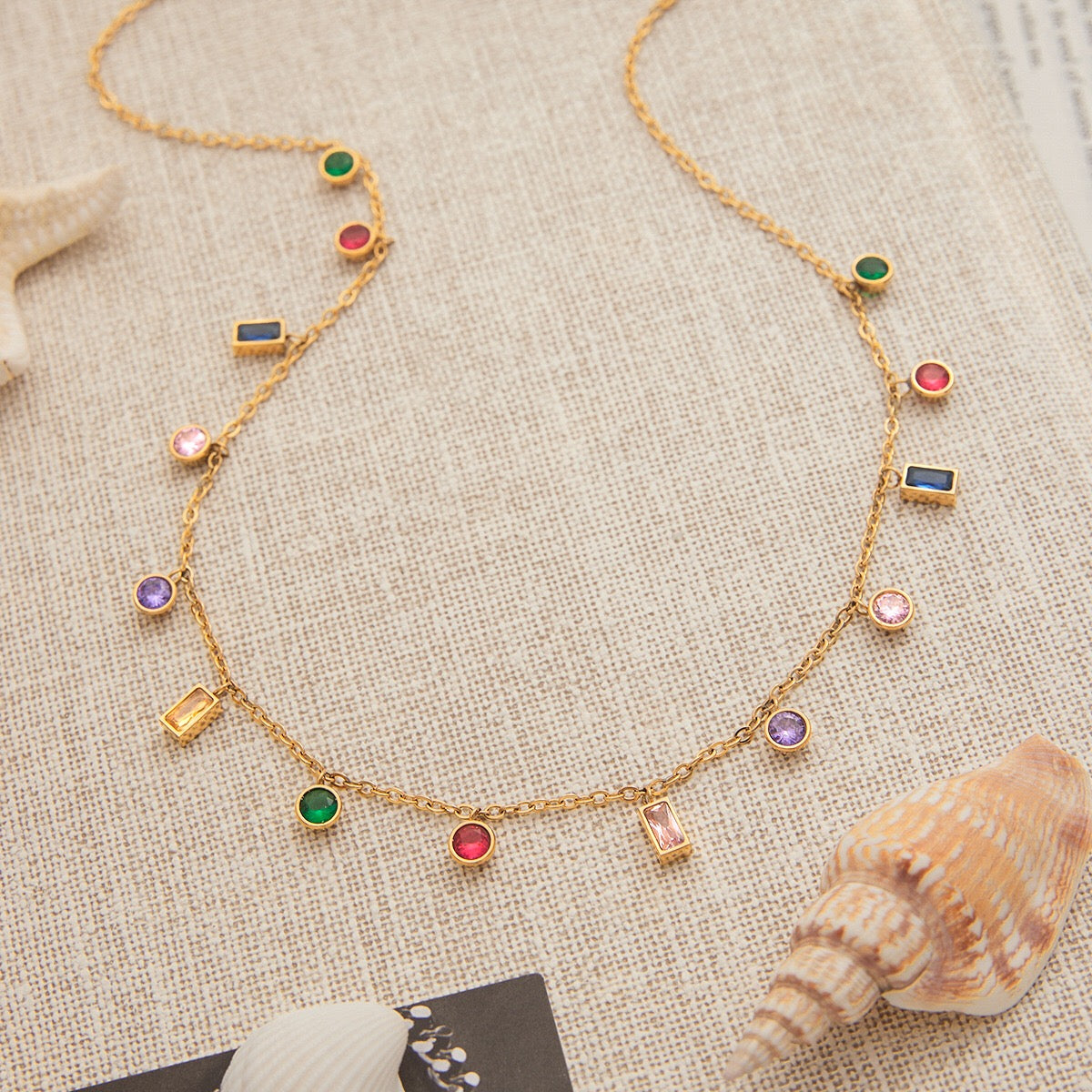 18K Gold Fairy Color Gemstone Dainty Chain Necklace