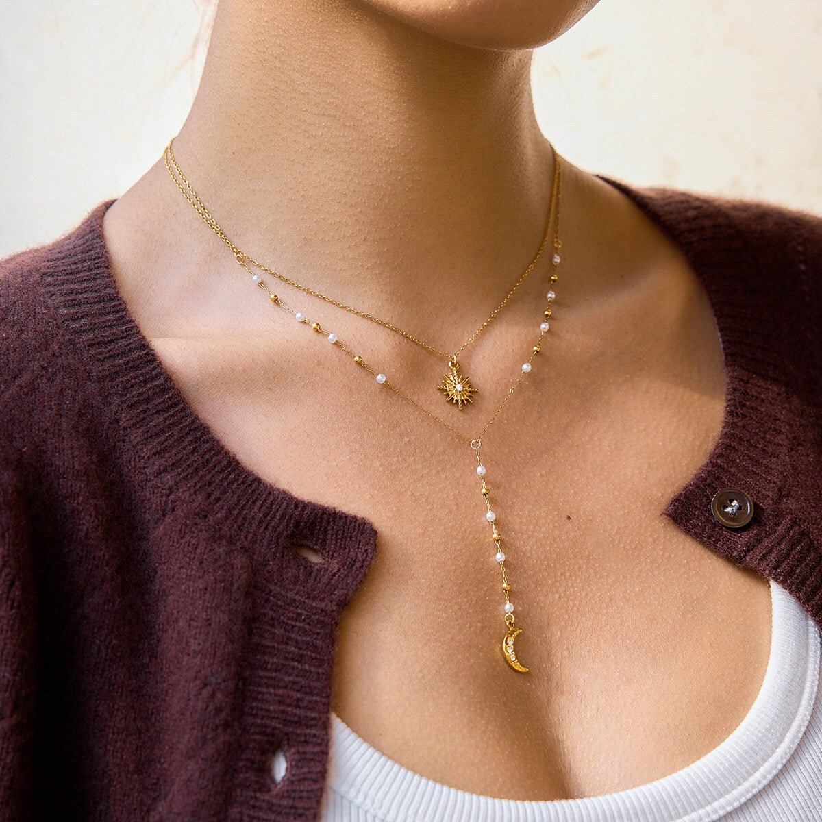 18K Gold Eclipse Spark Sun and Moon Pearl Pendant Y shape Lariat Layered Necklace
