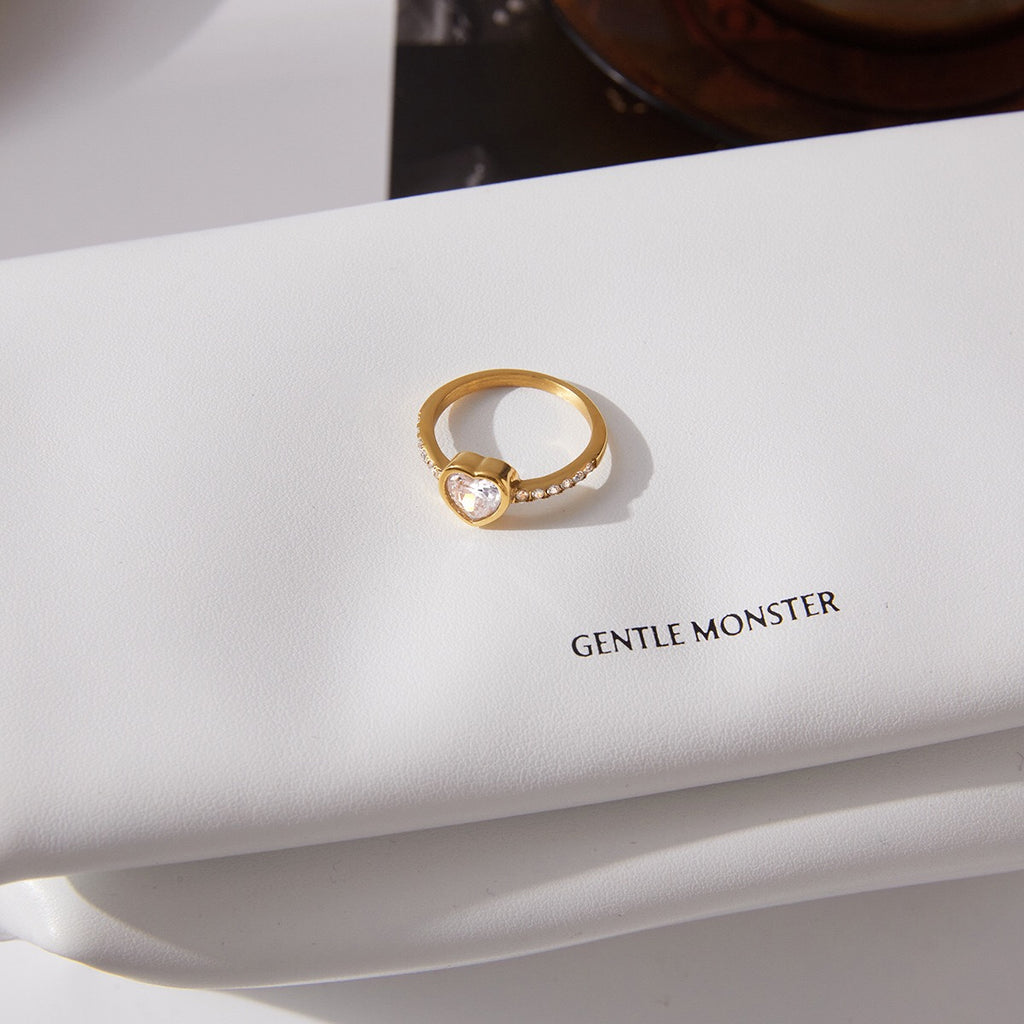 18K Gold Flirt Alert Flower Heart Statement CZ Stacking Ring