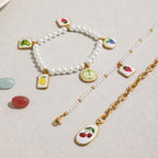 18K Gold Tropical Fruit Charm Pearl Chain Bracelet Stack