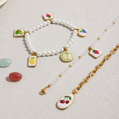 18K Gold Tropical Fruit Charm Pearl Chain Bracelet Stack