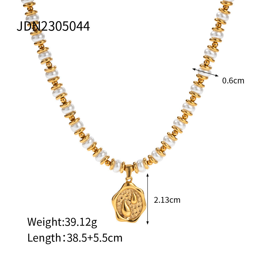 18K Gold Pearl Beaded Sealing Stamp Pendant Necklace