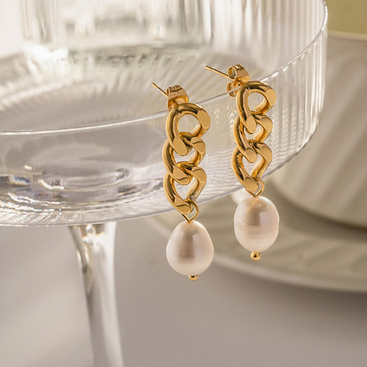 18K Gold Cuban Link Pearl Stud Dangle Earrings