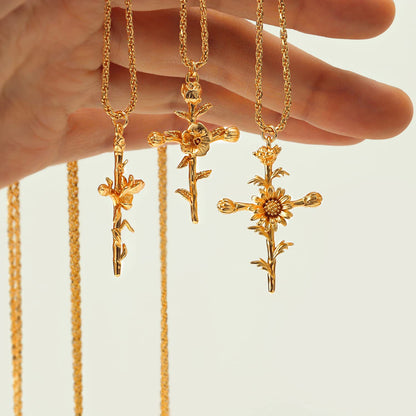 18K Gold Birth Flower Cross Pendant Necklace