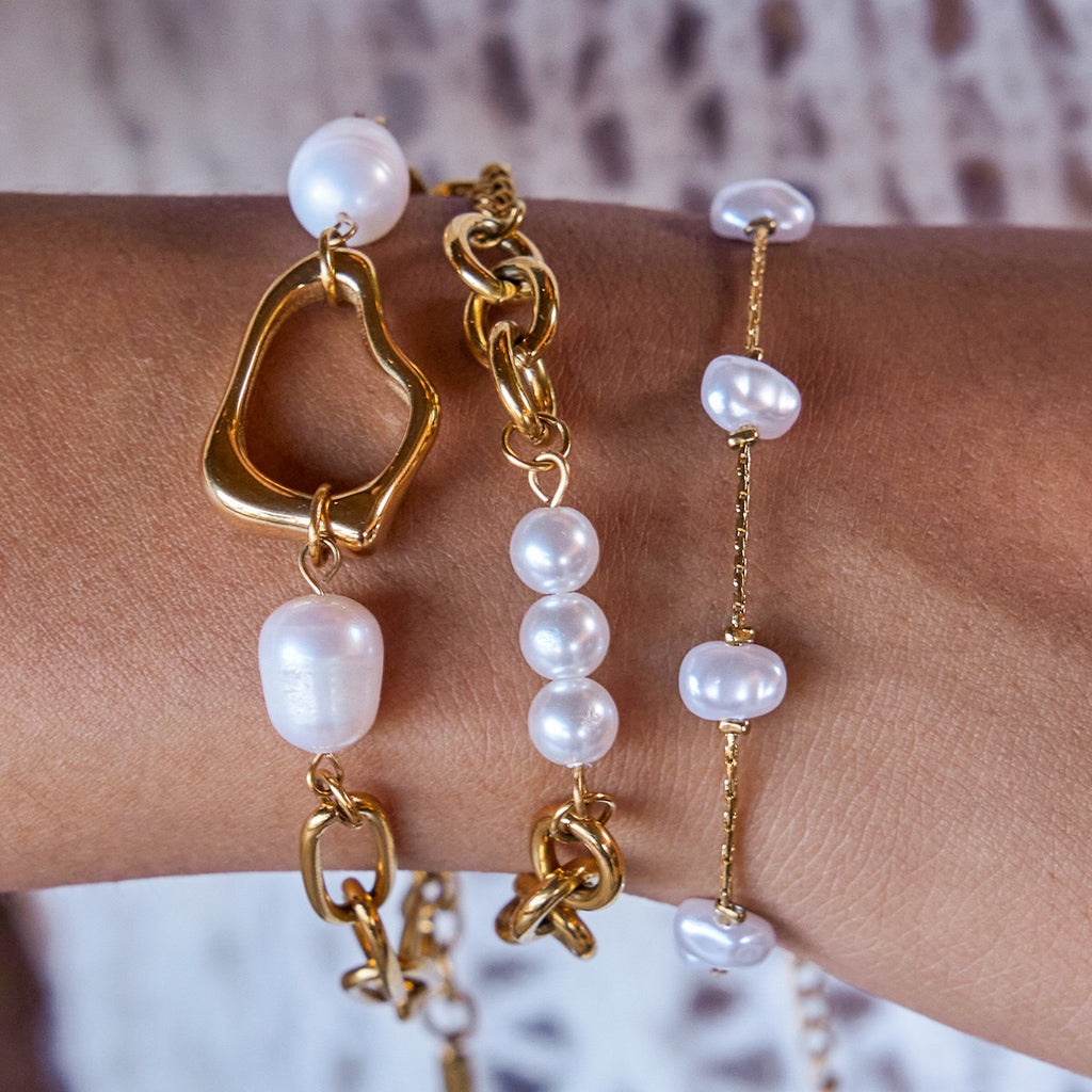 18K Gold Golden Form Pearl Paperclip Chain Bracelet Stack